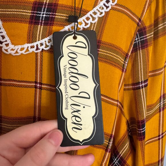 NWT Voodoo Vixen Harley Dress Size XL Yellow Plaid Embroidered Cottagecore FLAW - Picture 12 of 16
